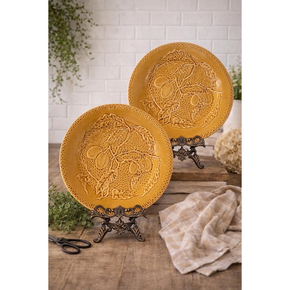 J.Wilfred Portugal Ceramic Dinner Plates, Mustard Yellow Botanical Set